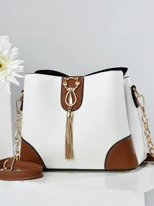 Sac Seau en Cuir PU pour Femmes Sac Bandoulière Mode Décontracté avec Chaîne Serrure et Gland Couleur Unie Sac à Main Quotidien