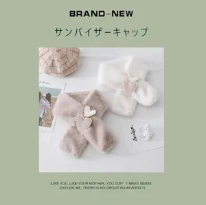 Winter plush faux fur cross scarf with cute heart pearl decor, warm and thick for women.