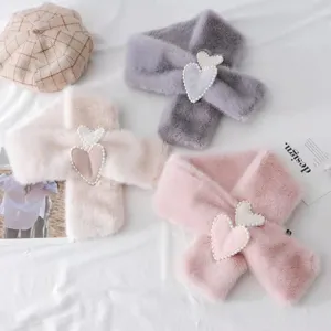 Faux Rabbit Fur Winter Scarf for Women Crossover Thickened Warm Plush Neck Warmer With Love Heart Pearl