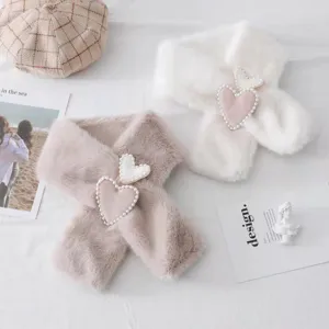 Furry cross scarf with pearl heart plush winter warm thick cute faux rabbit fur neckerchief