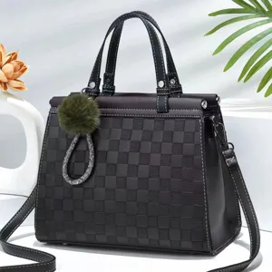 Dames Grote Capaciteit Ruitjes Tote Tas Vintage PU Lederen Schoudertas Casual Crossbody Handtas Met Hanger