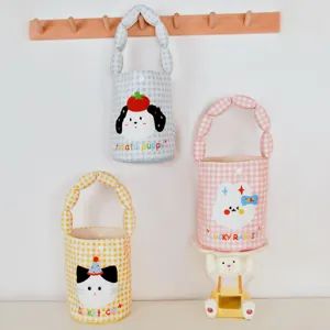 Cute gingham canvas tote bag with cute animal cartoon print and stylish bubble handle for daily use