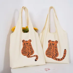 Casual Canvas Tote Bag For Women Large Capacity Shoulder Bag Cute Cartoon Tiger Print Shopper Bag Handbag