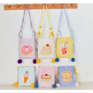 Bolso cruzado de telefono de lona de dibujos animados para ninos con bordado de postre dulce.