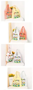 Grid canvas tote bag detail view, casual shoulder shopping bag with cute cartoon prints.