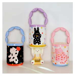 Cute cartoon cat rabbit print flannel bucket handbag, versatile kids tote sundries bag.