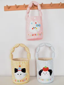 Kids Canvas Plaid Handbag Cute Cartoon Animal Storage Tote Bag Children Casual Pouch