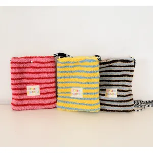 Autumn winter cute plush crossbody bag with colorful stripes, soft fluffy small phone bag.