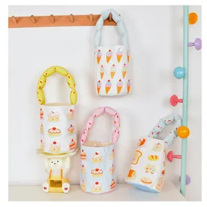 Cute canvas bucket bag with cartoon cake and ice cream print, children's handbag
