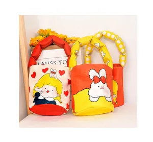 Cute quilted bucket bag with plush handle and lovely cartoon print for women daily use