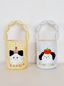 Cute checkered canvas handbag with bubble handles, cartoon cat and dog print for kids.