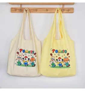 Cute cartoon printed canvas vest tote bag, casual large capacity shoulder bag for daily use.