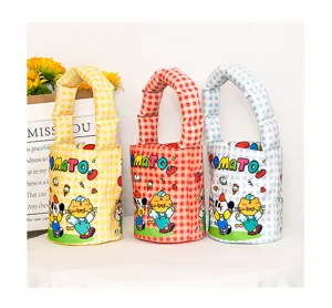 Sac seau à carreaux mignon avec imprimé dessin animé, sac à main en toile pour enfants et filles.