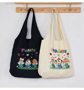 Canvas tote bag cute tomato print shoulder handbag casual aesthetic large capacity durable bag