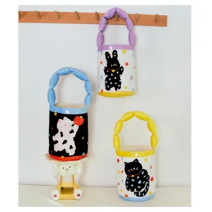 Kids cute cat print flannel handbag toddler casual tote bag portable cartoon sundries storage