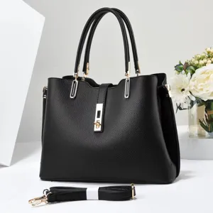 Women's PU Leather Tote Bag Vintage Casual Handbag Large Capacity Commuter Shoulder Bag With Metal Lock