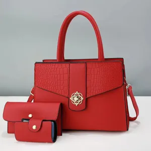 Set di borse rosse da 3 pezzi in pelle PU con motivo pietra, grande borsa a tracolla.