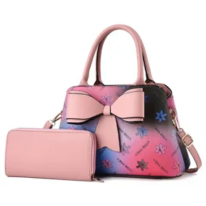 Conjunto de bolso degradado rosa con lazo, bolso de hombro de cuero PU y cartera a juego para mujer.