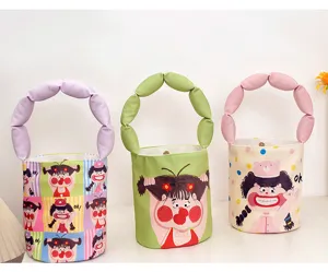 Canvas cartoon bucket bag cute printed handbag retro cylinder handbag casual commuter style