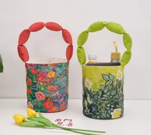Borsa a secchiello in tela con manico gonfio, stampa d'arte floreale Van Gogh, piccola borsa a mano.