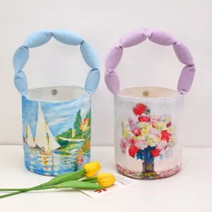 European Retro Oil Painting Canvas Bucket Bag Women Small Bento Handbag Cotton-Filled Handle Floral Printed Tote Bag