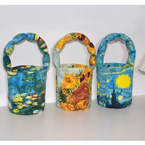 Van Gogh sunflower vintage art print padded handle bucket bag small canvas tote handbag