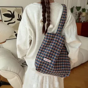 Autumn winter houndstooth wool shoulder tote bag large capacity brown casual daily style