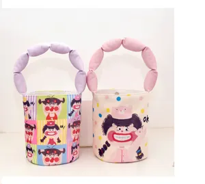 Canvas bucket bag cute cartoon print handbag stylish round tote bag with bubble handle daily use