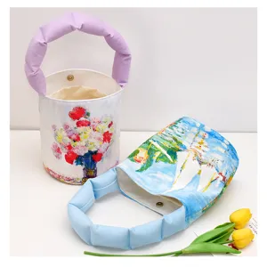 Retro oil painting print canvas bucket bag with padded handle, small cosmetic handbag.