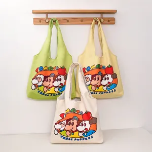Canvas tote bag for women, large capacity cute cartoon shoulder bag, casual student handbag.