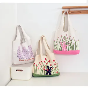 Cute polka dot cat print canvas tote bag detail, large capacity summer casual shoulder bag.