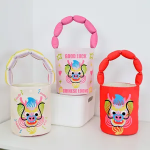 Canvas bucket bag with stuffed round handle, Chinese Loong cartoon print festive handbag.