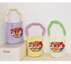 Canvas cartoon puffy strap bucket bag, large capacity handbag, cute puppy print casual bag.