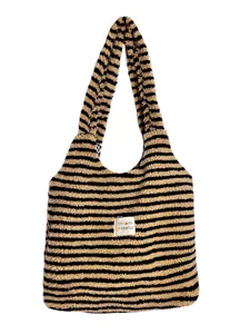 Autumn winter fluffy fleece tote bag, stylish striped lamb wool shoulder handbag.