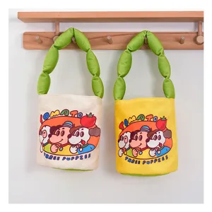 Cute cartoon padded strap bucket bag, stylish canvas handbag for kids and women daily use.