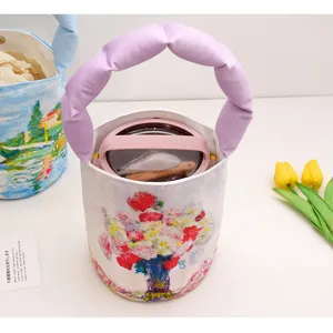 Retro oil painting canvas bucket bag with padded handle, stylish lunch handbag for daily use.