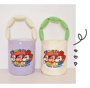 Cute canvas bucket bag with puffy handle, cartoon puppy print, large capacity handbag.