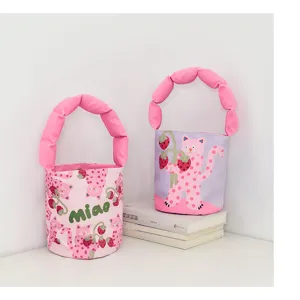 Cute pink padded strap bucket bag with lovely cat and strawberry prints for daily casual use.