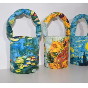 Art print bucket bag with soft puffy handle, stylish vintage art pattern casual handbag.