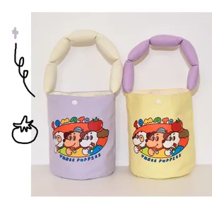 Canvas bucket bag with cute cartoon print and puffy handle, large capacity casual handbag.