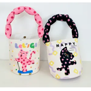 Canvas bucket bag with puffy polka dot handle cute cartoon cat print casual handbag for women
