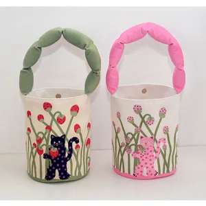 Canvas bucket bag with stuffed handle, cute polka dot cat and strawberry print, casual handbag.