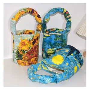 Van Gogh art print bucket bag with padded handle, cute retro casual handbag and shoulder bag.