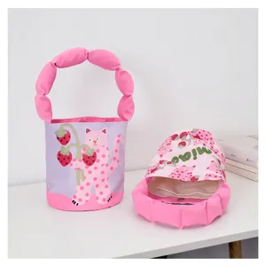 Puffy strap bucket bag with cute cat strawberry print, canvas handbag for casual daily use.