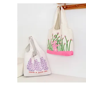 Cute cat polka dot print canvas tote bag, casual large capacity shoulder bag for women daily use.