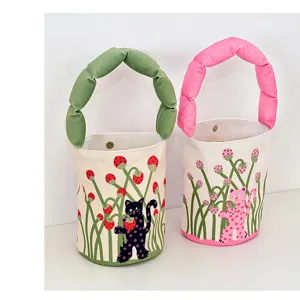 Canvas bucket bag with puffy handle and cute polka dot cat strawberry print for women daily use