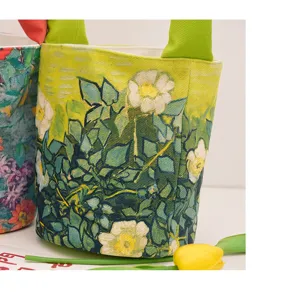 Borsa a secchiello in tela con rosa selvatica dipinto a olio Van Gogh con manici imbottiti verdi.