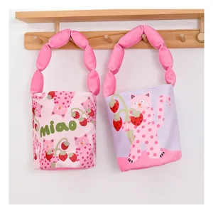 Cute cartoon cat strawberry print canvas bucket bag with padded handle for daily use