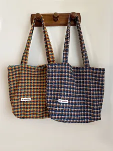 Women's Large Capacity Houndstooth Woolen Tote Bag Casual Vintage Plaid Shoulder Bag Autumn Winter Handbag