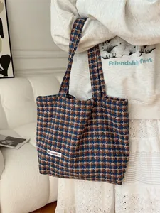 Autumn winter houndstooth wool tote bag large capacity casual shoulder bag women brown